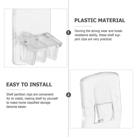 25 Pack Plastic Shelf Pegs For Cabinets And Furniture, easy to install transparent support clips, close-up view.