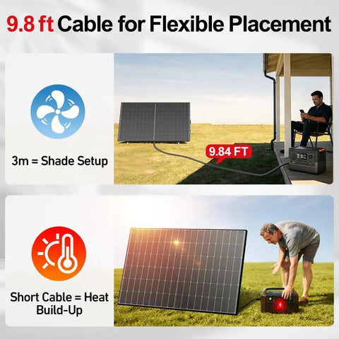 9.84 ft cable connecting Built Tough 400 Watt Monocrystalline Solar Panel for flexible placement in off-grid setups.