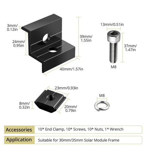 Diagram of Ten Piece Solar Panel End Clamp Kit Fits 30Mm And 35Mm Rails Aluminum Z Brackets showing dimensions and components