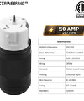 Beefy Heavy Duty Twist Lock Connector 50A 125 250V 3 Pole 4 Wire California Style CS6364C SS2-50R Female Plug ETL, black white