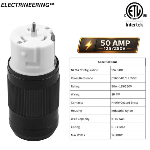 Beefy Heavy Duty Twist Lock Connector 50A 125 250V 3 Pole 4 Wire California Style CS6364C SS2-50R Female Plug ETL, black white