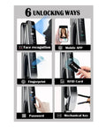 Image showcasing 6 unlocking methods for Automatic Smart Lock With App Control And Rapid 3D Fingerprint Scan for Pro Level Home Security.