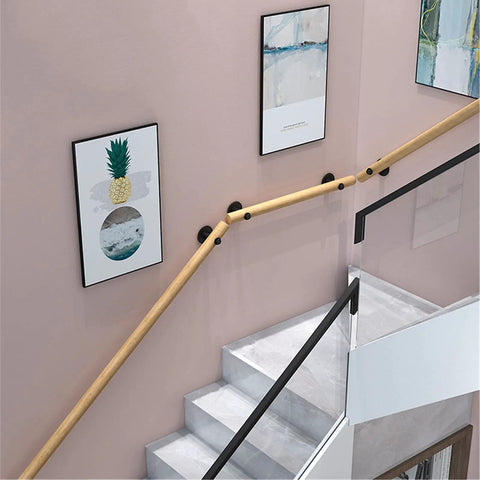 Damn Tough Wooden Stair Rail Handrail And Banister Kit Featuring Ultra Smooth Non Slip Grip with stainless steel mounts in a modern stairway.