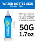 Ultra Lightweight 8L Hydration Vest With 500ml Bottle featuring blue collapsible design, dimensions, and weight details.
