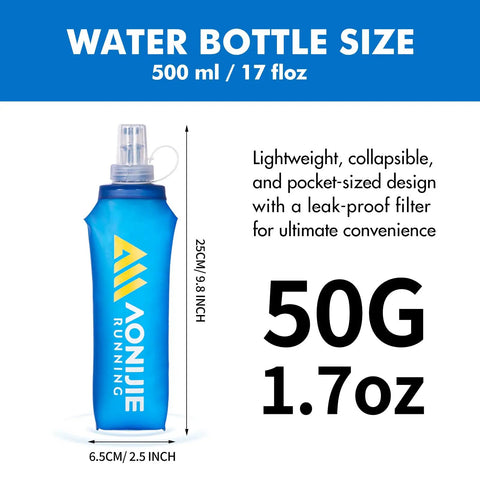 Ultra Lightweight 8L Hydration Vest With 500ml Bottle featuring blue collapsible design, dimensions, and weight details.