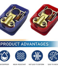Two Piece Copper Plated Battery Terminal Clamps With Protective Cover And Quick Release Positive Negative Car Battery Connectors Insulated PVC Shell Beefy Heavy Duty Universal Fit For Cars Trucks SUVs showing blue and red connectors with product advantages.