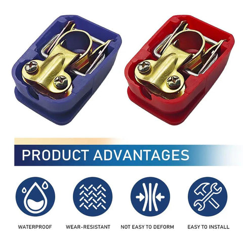 Two Piece Copper Plated Battery Terminal Clamps With Protective Cover And Quick Release Positive Negative Car Battery Connectors Insulated PVC Shell Beefy Heavy Duty Universal Fit For Cars Trucks SUVs showing blue and red connectors with product advantages.