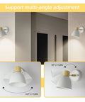 Modern Battery Powered Wall Sconces Set Of Two With Remote In White Wood Rotatable Dimmable Indoor Wall Lamps showing angle rotation