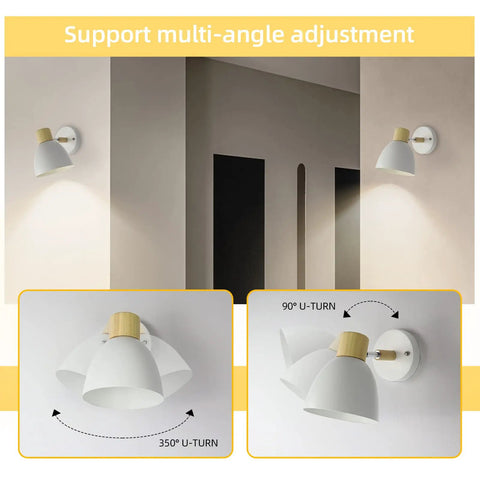 Modern Battery Powered Wall Sconces Set Of Two With Remote In White Wood Rotatable Dimmable Indoor Wall Lamps showing angle rotation
