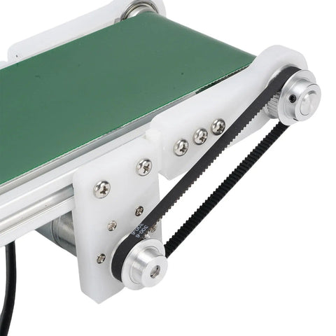 Detail view of Mini Electric Conveyor Belt With Adjustable Speed 0-116 RPM PVC Belt Compact Automation Tool, tensioner mechanism visible.