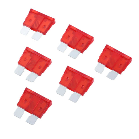 100 Pack 10 Amp Atc Ato Standard Fuse Blades For Cars Trucks Boats Rvs With Tin Plated Zinc Terminals Offering Legit Heavy Duty No Sweat Short Circuit Protection displayed diagonally.