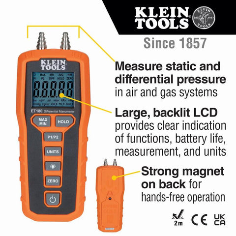 Klein Tools ET180 digital manometer, orange handheld pressure tester with dual ports and large backlit LCD display (front view)