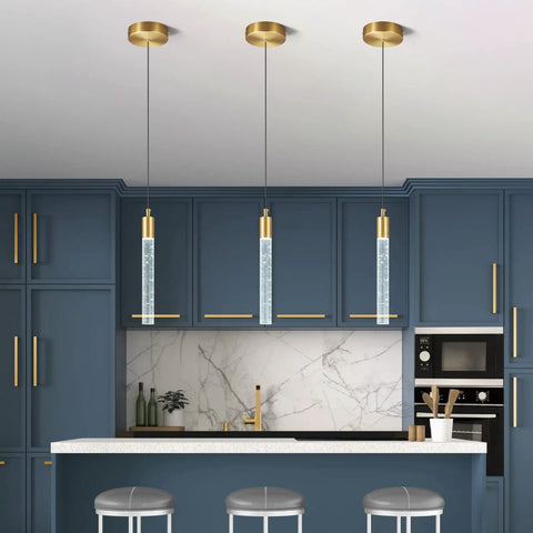 Modern Gold Brass Finish LED Dimmable Kitchen Island Pendant Lights 2 Pack With Crystal Bubble Column over bar