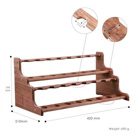 Premium Solid Wood Pipe Stand Featuring 16 Custom Cubbies Double Tier Desktop Tobacco Display Rack measurements and details