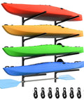 Premium Heavy Duty Kayak Storage Rack Wall Mount System For Garage with four colorful kayaks and paddles attached.