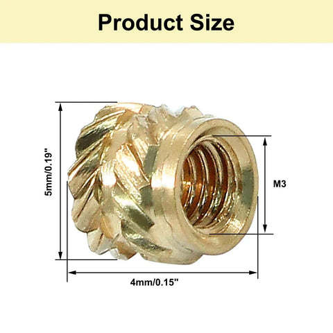 M3 Brass Heat Set Threaded Inserts Pack Of 120 Knurled Nuts For Plastic And Metal Assemblies M3x5x4 Size with dimensions shown