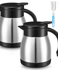 Set Of Two Heavy Duty Thermal Coffee Carafe And Creamer Pitcher In Sleek Silver Finish With Double Wall Insulation Keeps Your Daily Brew Hot Or Cold Hella Long Includes Matching Clean Brushes For Home And Office, showcasing stainless steel construction and black lids.