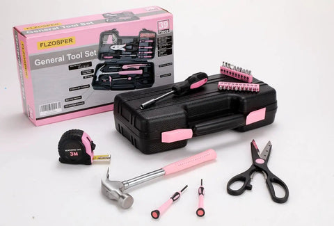 39 Piece General Tool Set With Pink Portable Toolbox Storage Case, Durable Chrome Finished Steel Tools With TPR Grips, ANSI Standard, Ideal For Home Repairs, DIY Projects, And Everyday Fixes