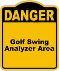 Danger sign in yellow and black for golf swing warning plate, rust-resistant, pro grade for practice range, 8.5 by 10 inches.