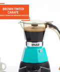 Hassle Free Electric Espresso Maker Compact Coffee Brewer For Daily Grind Two Or Three Cup Capacity with brown tinted carafe.