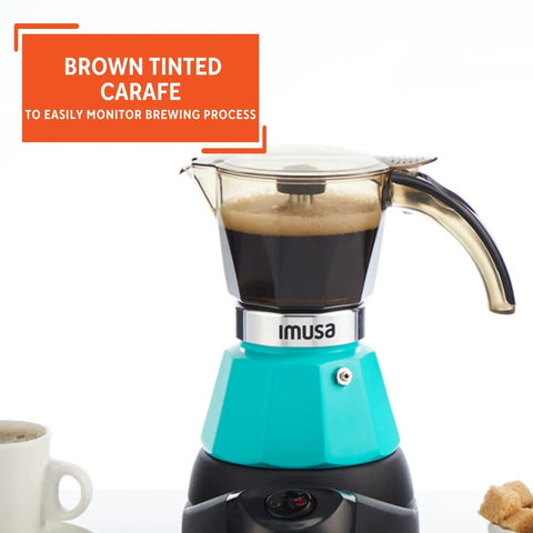 Hassle Free Electric Espresso Maker Compact Coffee Brewer For Daily Grind Two Or Three Cup Capacity with brown tinted carafe.