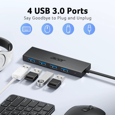 Four Port USB 3.0 Hub With 5Gbps Transfer, Laptop And PC Extender, Power Port Enabled displayed with peripherals connected