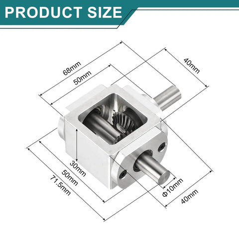 Right Angle Bevel Gearbox 1 To 1 Ratio With Single Output Shaft, 20 Tooth Bevel Gear, Aluminum Frame, DIY Mechanical Module, 10mm Shaft, Compact 68mm By 71.5mm By 30mm, 90 Degree Gear Reducer For Projects, Product Size Diagram with Measurements