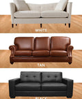 Three sofas in white, tan, and black arranged vertically.