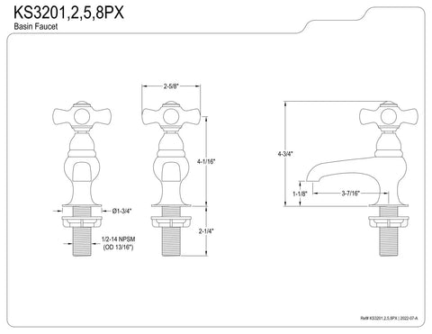 Diagram of Restoration Basin Faucet Brushed Nickel Quarter Turn Ceramic Disc Solid Brass Construction with dimensions