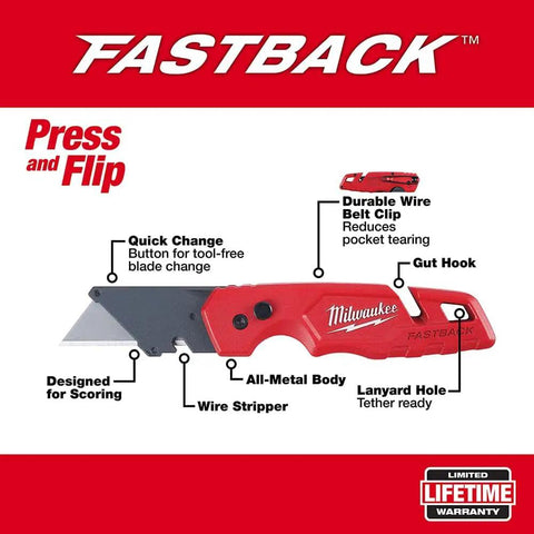 Fastback Folding Utility Knife With Wire Stripper And Gut Hook, Quick Blade Change, Belt Clip, Durable Steel Displayed