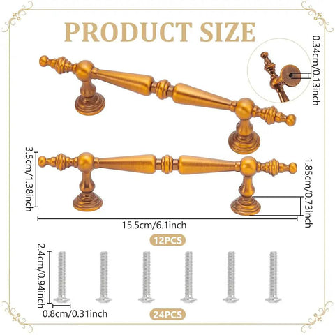 Product size chart for Coffee Tone Antique Brass Cabinet Pulls Set, 12 Pack 6.1 Inch with screws, showing dimensions.