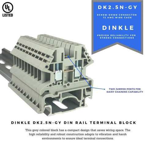 Gray DIN Rail Terminal Block Kit With 20-Position DK2.5N, 12 AWG, 20A, 600V Ground, features aluminum rail for control panels.