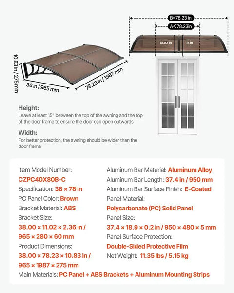 Door Entrance Awning 38 By 78 Inches Exterior Canopy With Drainage And ABS Bracket Polycarbonate Cover For Patio Door Sun UV Rain And Snow Protection No Fuss Brown