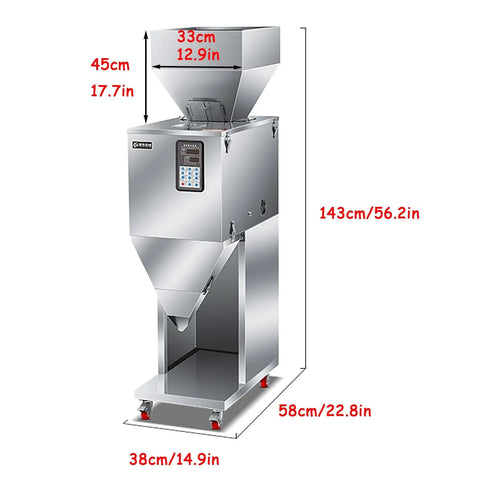 Hassle Free Automatic Powder And Granule Filling Machine With Smart Controls, stainless steel, dimensions shown, for easy bagging.