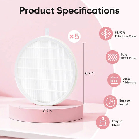 5 Pack Nail Dust Collector Filters For Melody Susie Dust Collector SPro XC320J 6.7in round HEPA filters on pink background