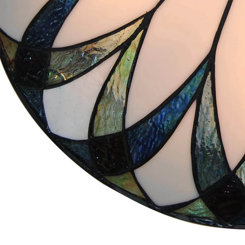 Close-up of Tiffany-style patterned glass on Vintage Stained Glass Ceiling Light 18-Inch Flush Mount Fixture With Bowl Shade.