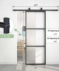 Frosted Glass Sliding Barn Door With Black Carbon Steel Frame 36In By 96In Soft Close Mechanism shown installed in room.