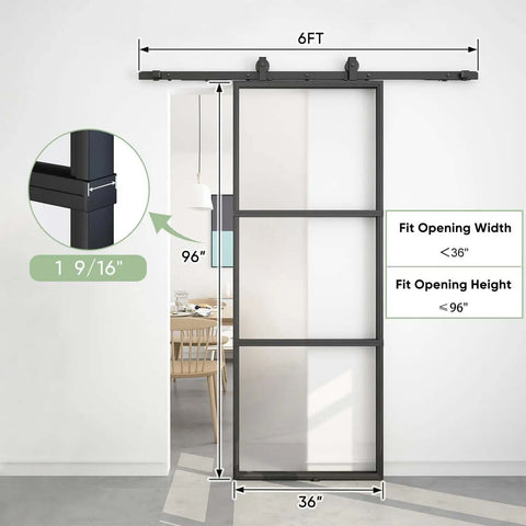 Frosted Glass Sliding Barn Door With Black Carbon Steel Frame 36In By 96In Soft Close Mechanism shown installed in room.