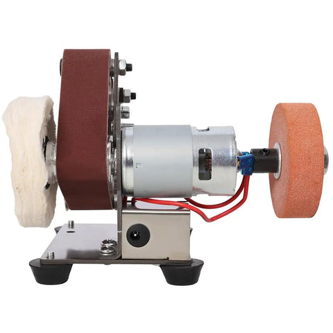 Aynuma Mini Belt Sander And Bench Grinder Combo, 7 Speed with metal motor and sanding attachments for DIY projects.