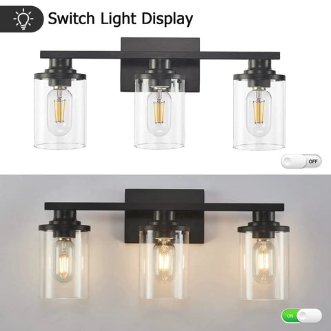 Three Light Matte Black Bathroom Vanity Lights With Clear Glass Shades Modern Wall Sconces For Over Mirror Anti Rust Metal Fixtures