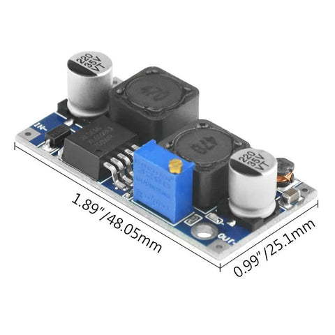 XL6009 DC-DC Buck Boost Power Module Bundle For Solar Panels, 4A 400KHz Adjustable Regulator front view with dimensions