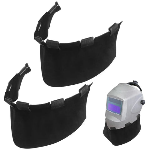 2 Pack Heat Resistant Leather Welding Neck Guards Wrap Around Bib Covers for Most Helmets shown with helmet installed