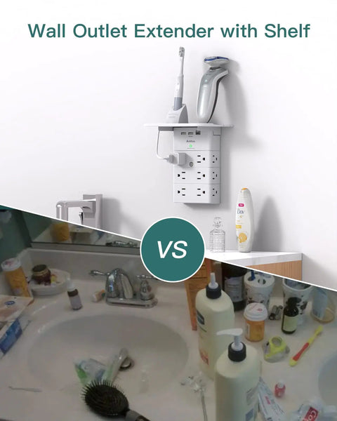 Heavy Duty Wall Outlet Extender With Built-In Shelf, 12 AC Outlets And 3 USB Ports With USB-C installed in bathroom, organized vs cluttered sink
