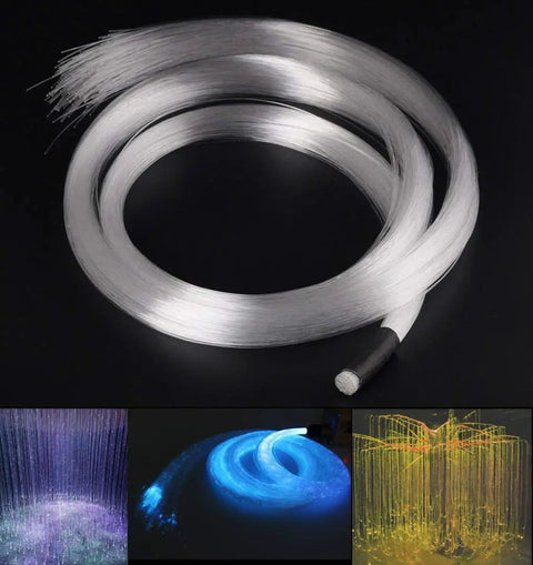 Dope PMMA Plastic Fiber Optic Strands 100 Piece Kit 0.04 Inch Diameter By 9.8 Feet Length side glow wire on a dark background.