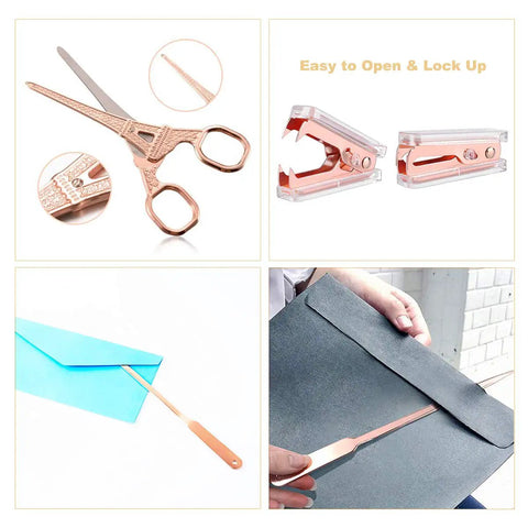 Rose Gold Desk Accessories Set With Scissors Staple Remover And Two Letter Openers For Home Office Vibe Luxury Rose Gold Office Supplies And Desk Decor Functional And Glam