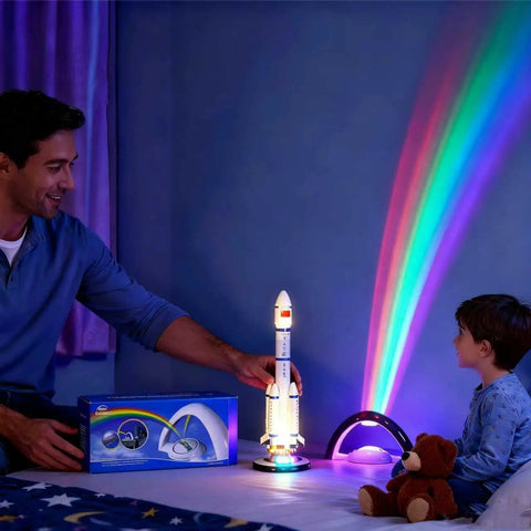 Rainbow LED Lights USB Powered Projector Night Light for Bedroom Kids Room casting rainbow on walls with toys and child.