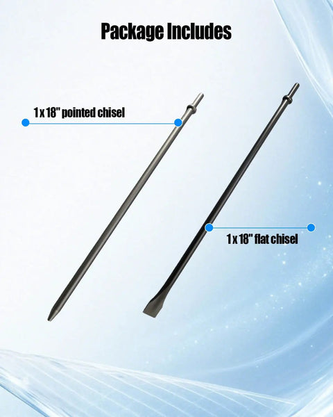 Pneumatic Cold Chisel Set With Flat And Point Chisels For Concrete And Tile, Three Quarters Inch Wide, 18 Inch Long, Two Piece