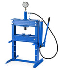 Heavy Duty 10 Ton Hydraulic Shop Press H Frame Garage Rig With Adjustable Cylinder Pressure Gauge And Steel Plates Beast Mode Gear shown from the front with visible gauge and hoses.