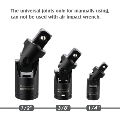 Three universal joints from Heavy Duty Drive Tool Accessory Set With CR-V Steel And Black Phosphate Finish Includes Socket Adapters
