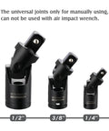 Three universal joints from 18 Piece Drive Tool Accessory Set With Socket Adapters Extensions And Universal Joints Plus Impact Coupler